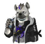  2020 anjing_kampuss anthro arknights clothed clothing duo fur gloves grey_body grey_fur hair handwear hi_res hyaenid hypergryph male mammal piercing simple_background solo spot_(arknights) spotted_hyena studio_montagne video_games 