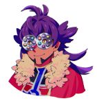  1boy bright_pupils candy cape champion_uniform closed_mouth commentary_request dark_skin dark_skinned_male facial_hair food fur-trimmed_cape fur_trim high_eight_(candy) hitorigaoka leon_(pokemon) long_hair looking_at_viewer lowres male_focus pokemon pokemon_(game) pokemon_swsh purple_hair red_cape shirt smile solo upper_body white_background white_pupils yellow_eyes 
