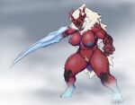  2021 anthro blade_arm blue_body blue_skin breasts breath capcom claws croxot digitigrade female genitals goss_harag horn mane monster monster_hunter monster_hunter_rise muscular muscular_anthro muscular_female nipples pubes pussy red_body red_skin simple_background solo standing video_games white_mane yellow_eyes 
