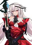  1girl arknights ascot bare_shoulders black_neckwear breasts chinese_commentary clothing_cutout commentary_request dress drive_shot highres holding holding_staff long_hair long_sleeves medium_breasts navel_cutout no_hat no_headwear parted_lips red_dress red_eyes silver_hair simple_background skadi_(arknights) skadi_the_corrupting_heart_(arknights) smile solo staff upper_body white_background wide_sleeves 