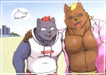  2021 anthro aretna beach brown_body brown_fur canid canine canis clothed clothing detailed_background domestic_dog duo eyewear fur hi_res hoodie hug humanoid_hands kemono male mammal open_clothing open_shirt open_topwear outside seaside shirt sunglasses swimwear topwear 