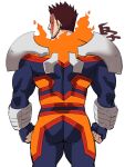  1boy ass back bara beard blue_bodysuit blue_eyes bodysuit boku_no_hero_academia commentary_request facial_hair feet_out_of_frame fire from_behind highres kirupi male_focus mature_male muscular muscular_male red_hair scar scar_across_eye short_hair sideburns skin_tight solo spiked_hair stubble thighs todoroki_enji 