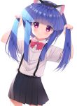  1girl animal_ear_fluff animal_ears bangs black_hairband black_skirt blue_hair blunt_bangs blush bow bowtie bunching_hair cat_ears commentary_request cowboy_shot eyebrows_visible_through_hair fake_animal_ears furude_rika gaou_(babel) hairband heart heart_in_eye higurashi_no_naku_koro_ni leaning_to_the_side long_hair looking_at_viewer pink_bow pink_neckwear pleated_skirt purple_eyes shirt short_sleeves simple_background skirt solo suspender_skirt suspenders symbol_in_eye twintails white_background white_shirt 