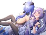  2girls ahoge bangs bare_shoulders black_bodysuit blue_hair blush bodysuit breasts detached_sleeves double_bun dress eyebrows_visible_through_hair frilled_gloves frills ganyu_(genshin_impact) genshin_impact gloves goat_horns hair_cones hair_ornament horns keqing_(genshin_impact) long_hair low_ponytail medium_breasts multiple_girls open_mouth purple_dress purple_eyes purple_gloves purple_hair seero twintails yuri 