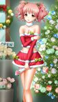  1girl bangs bare_shoulders bow breasts brown_eyes christmas christmas_tree cleavage collarbone detached_sleeves doukyuusei doukyuusei_another_world eyebrows_visible_through_hair flower fur-trimmed_skirt fur-trimmed_sleeves fur_trim game_cg hair_bow holding holding_flower layered_skirt long_hair long_sleeves looking_at_viewer midriff miniskirt navel official_art open_mouth pink_flower pink_hair pink_rose red_bow red_skirt red_sleeves rose shiny shiny_hair skirt small_breasts solo standing stomach strapless suzuhi_miho twintails 