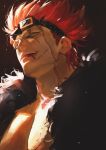  1boy eustass_captain_kid feather_boa from_below goggles goggles_on_head highres looking_at_viewer male_cleavage male_focus one_piece pectorals portrait red_hair scar scar_across_eye short_hair sideburns smile solo sosogi_(qtgejyrkhrng4jk) spiked_hair toned toned_male 
