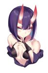  1girl bare_shoulders bob_cut breasts bridal_gauntlets closed_mouth collarbone fate/grand_order fate_(series) hair_between_eyes highres horns long_hair oni oni_horns purple_eyes purple_hair short_hair shuten_douji_(fate) simple_background small_breasts smile solo spider_apple upper_body white_background 