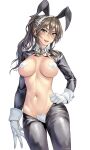  1girl adapted_costume animal_ears ashigara_(kancolle) black_jacket black_pants breasts brown_eyes brown_hair bunny_ears cleavage detached_collar gloves hair_between_eyes hand_on_hip heart_pasties highres jacket kantai_collection kokuzou large_breasts long_hair long_sleeves looking_at_viewer meme_attire navel pants pasties ponytail reverse_bunnysuit reverse_outfit sidelocks simple_background smile solo upper_body white_background white_gloves 