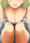 breasts cleavage close-up earrings ebifryman green_hair hand_on_own_knee head_out_of_frame highres idolmaster idolmaster_cinderella_girls idolmaster_cinderella_girls_starlight_stage jewelry medium_hair mole mole_under_eye no_eyes open_mouth out_of_frame squatting takagaki_kaede 