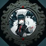  1girl bangs black_background black_hair blunt_bangs bonnet card celestia_ludenberg center_frills commentary_request danganronpa:_trigger_happy_havoc danganronpa_(series) drill_hair eyebrows_visible_through_hair framed frills gothic_lolita grey_background hairband highres lolita_fashion lolita_hairband long_hair long_sleeves looking_at_viewer necktie parted_lips playing_card red_eyes red_neckwear shiny shiny_hair solo twin_drills twintails yomu_(dangan_yomu) 