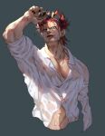  1boy amputee covered_nipples cropped_torso eustass_captain_kid goggles goggles_on_head highres looking_at_viewer male_cleavage male_focus midriff_peek muscular muscular_male one_piece partially_unbuttoned pectorals red_hair scar scar_across_eye scar_on_chest scar_on_neck shirt short_hair sideburns sleeves_rolled_up solo sosogi_(qtgejyrkhrng4jk) spiked_hair wet wet_clothes wet_shirt white_shirt 