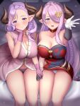 2girls absurdres asymmetrical_gloves bangs blush braid breasts cleavage collarbone draph dress elbow_gloves gloves granblue_fantasy hair_ornament hair_over_one_eye hairclip highres horns large_breasts laruna_(granblue_fantasy) long_hair melopun mother_and_daughter multiple_girls narmaya_(granblue_fantasy) pink_hair pointy_ears short_dress sitting smile thighs 
