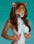  anthro breasts brown_hair convenient_censorship facial_piercing felid female fur gem hair hair_covering_breasts hi_res jewelry leopard mammal neebaridge nose_piercing nose_ring nude pantherine piercing solo spots spotted_body spotted_fur yellow_eyes 
