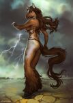  anthro bra brown_body brown_fur brown_hair clothed clothing cloud cloudy equid equine feathering female fetlocks fur hair hooves horse jewelry levelviolet lightning_bolt lingerie long_tail looking_back mammal mehndi_candela native_american necklace outside skimpy solo standing storm tribal underwear 