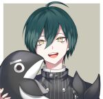  1boy :d absurdres ahoge bangs black_hair border brown_background buttons commission danganronpa_(series) danganronpa_v3:_killing_harmony double-breasted green_hair hair_between_eyes hand_up highres holding jacket long_sleeves looking_at_viewer male_focus nivel-floss open_mouth portrait saihara_shuuichi short_hair smile solo stuffed_orca upper_teeth white_border yellow_eyes 