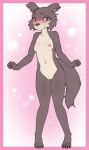  absurd_res anthro beastars blue_eyes blush breasts canid canine canis claws embarrassed female fur genitals grey_body grey_fur hi_res juno_(beastars) looking_at_viewer mammal navel nipples nude omega56 pussy shy small_breasts solo standing teenager wolf young 