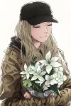  1girl black_headwear blonde_hair bouquet closed_eyes crossed_arms eyelashes flower haraya_manawari hat highres jacket long_hair resident_evil resident_evil_village rosemary_winters simple_background smile solo spoilers upper_body 