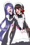  2girls :d ;d alternate_costume apron bangs black_dress blood bloody_clothes blue_eyes blue_hair blunt_bangs blush brown_hair collared_dress commentary_request danganronpa_(series) danganronpa_v3:_killing_harmony dress enmaided glasses hair_ornament hands_on_another&#039;s_shoulders harukawa_maki highres juliet_sleeves long_dress long_hair long_sleeves looking_at_viewer maid maid_apron maid_headdress multiple_girls one_eye_closed open_mouth parted_bangs pink_blood puffy_sleeves red_eyes satori_(blueinc324) shirogane_tsumugi smile spider_web_hair_ornament v_arms very_long_hair white_apron white_background 
