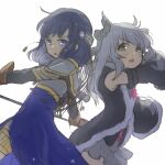  2girls arm_up armor azusa_mifuyu back-to-back backlighting blue_dress blue_eyes blue_hair cross-laced_clothes detached_sleeves dress fighting_stance fur-trimmed_sleeves fur_trim green_eyes grey_hair grey_skirt long_dress long_hair looking_at_viewer looking_back magia_record:_mahou_shoujo_madoka_magica_gaiden mahou_shoujo_madoka_magica medium_hair multiple_girls nanami_yachiyo shoulder_armor side_slit simple_background skirt spaulders tassel thighlet un_nm5sy v-shaped_eyebrows white_background younger 