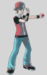  1boy baseball_cap black_wristband closed_mouth commentary_request full_body green_pants hand_on_headwear hat highres holding holding_poke_ball ittumozzz jacket looking_to_the_side male_focus outstretched_arm pants poke_ball poke_ball_(basic) pokemon pokemon_(game) pokemon_frlg popped_collar red_(pokemon) red_headwear shoes short_sleeves solo standing wristband 