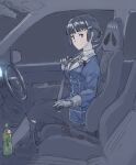  1girl bangs black_hair black_skirt blunt_bangs bottle breasts car_interior closed_mouth gloves ground_vehicle hair_bun hair_ornament hairclip highres kantai_collection long_sleeves looking_at_viewer military military_uniform motor_vehicle myoukou_(kancolle) remodel_(kantai_collection) seat seatbelt sitting skirt solo steering_wheel suzumaru uniform vehicle_interior white_gloves 