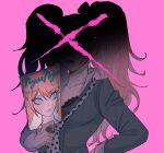  1girl bangs black_bra bow bra breasts cleavage collarbone commentary_request cosplay cross danganronpa:_trigger_happy_havoc danganronpa_(series) enoshima_junko enoshima_junko_(cosplay) freckles hair_bow hair_ornament hand_on_hip highres holding ikusaba_mukuro lace-trimmed_bra lace_trim leonham_(ila_55555) long_hair looking_at_viewer magazine medium_breasts necktie open_mouth pink_background pink_blood pink_hair polka_dot_neckwear shiny shiny_hair shirt skirt sleeves_rolled_up solo tongue translation_request twintails underwear 