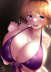  1girl bikini black_bikini blonde_hair blush braid breasts cleavage fate/grand_order fate_(series) front-tie_bikini front-tie_top highres huge_breasts jeanne_d&#039;arc_(fate)_(all) jeanne_d&#039;arc_(swimsuit_archer)_(fate) lee-taro long_braid long_hair looking_at_viewer open_mouth purple_eyes shiny shiny_hair shiny_skin single_braid solo swimsuit underboob upper_body 