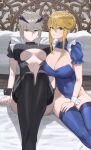  2girls ahoge artoria_pendragon_(all) artoria_pendragon_(lancer)_(fate) artoria_pendragon_(lancer_alter)_(fate) bangs bare_shoulders black_legwear black_leotard blonde_hair blue_legwear blue_leotard braid breasts center_opening cleavage crown fate/grand_order fate_(series) french_braid green_eyes highres hood_(james_x) horns large_breasts leotard long_hair looking_at_viewer multiple_girls on_bed open_mouth revealing_clothes sidelocks sitting thighhighs thighs wrist_cuffs yellow_eyes 