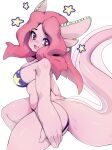 1girl absurdres animal_ears axolotl_girl axolotl_tail bikini breasts commentary english_commentary eyebrows_visible_through_hair furry highres long_hair looking_at_viewer medium_breasts open_mouth original pink_hair print_bikini purple_bikini red_eyes simple_background slugbox smile solo star-shaped_pupils star_(symbol) star_print sweat swimsuit symbol-shaped_pupils tail thick_thighs thighs white_background 