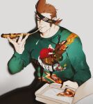  1boy alternate_costume black_pants brown_hair eating eyepatch feet_out_of_frame food green_sweater hair_slicked_back highres holding holding_food holding_pizza jewelry long_sideburns looking_at_viewer male_focus mask one_piece pants pectorals pizza reindeer_print ring short_hair sideburns sitting solo sosogi_(qtgejyrkhrng4jk) spiked_hair sweater toned toned_male x_drake 
