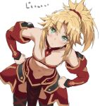  1girl bandeau bangs bare_shoulders black_legwear blonde_hair blush braid breasts collarbone commentary detached_collar detached_sleeves fate/apocrypha fate_(series) faulds french_braid green_eyes hair_ornament hair_scrunchie highres leaning_forward leaning_to_the_side long_hair looking_at_viewer mordred_(fate) mordred_(fate)_(all) navel parted_bangs pelvic_curtain ponytail scrunchie sidelocks simple_background small_breasts thighhighs thighs tonee translated 