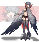  +_+ 1girl alwaysdoodlin animal_ears artist_name bangs bare_shoulders bird_ears bird_legs bird_tail blue_eyes blush brown_shorts commentary commission cut-in digitigrade english_commentary eyebrows_visible_through_hair feathered_wings feathers grey_feathers grey_hair hand_to_own_mouth harpy head_feathers highres midriff monster_girl multicolored_hair navel open_mouth original red_feathers red_hair shadow short_hair short_shorts shorts solo sparkling_eyes tail_feathers talons two-tone_hair white_background wings 