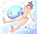 absurdres atelier_(series) atelier_ryza atelier_ryza_2 bikini breasts brown_eyes brown_hair cleavage food highres huge_filesize large_breasts multi-strapped_bikini_bottom multicolored multicolored_background popsicle puni_(atelier) reisalin_stout short_hair swimsuit thick_thighs thighs white_headwear yandette yellow_bikini 