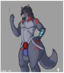  absurd_res big_butt bulge butt canid canine canis cigarette clothing enzeru genital_outline hi_res jockstrap looking_at_viewer male mammal mechanical_arm muscular muscular_male sheath_outline smoking smoking_tobacco solo theok_arts thick_thighs underwear wolf 
