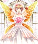  1girl :d bangs bare_shoulders blonde_hair blush bouquet breasts bridal_veil cleavage collarbone dress fire_emblem fire_emblem_heroes flower gloves highres kakiko210 looking_at_viewer open_mouth peony_(fire_emblem) pointy_ears purple_eyes smile twintails veil wedding wedding_dress white_dress white_gloves wings 