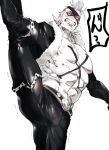  1boy abs bara bare_pectorals blush bulge chest_tattoo cross_tattoo eyepatch fur-trimmed_jacket fur_trim greyscale hair_slicked_back highres jacket large_pectorals latex_pants leather leather_pants leg_grab long_sideburns male_focus mask meme monochrome muscular muscular_male nipples one_piece open_clothes open_jacket pants pectorals short_hair sideburns solo sosogi_(qtgejyrkhrng4jk) spiked_hair split standing standing_on_one_leg standing_split stomach sweat tattoo tight tight_pants trembling x_drake 