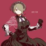  1girl bangs black_gloves blonde_hair breasts closed_mouth commentary_request cowboy_shot danganronpa_(series) danganronpa_v3:_killing_harmony dated dress gloves green_eyes hair_ornament hair_over_one_eye hand_up hat kiri_(2htkz) large_breasts long_sleeves looking_at_viewer maid_headdress necktie pinafore_dress red_background shirt short_hair simple_background smile solo spider_web_print toujou_kirumi 