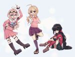  3girls :d ahoge akamatsu_kaede antenna_hair arm_up bangs black_choker black_hair blonde_hair blush boots breasts choker cleavage collared_shirt danganronpa_(series) danganronpa_v3:_killing_harmony eyebrows_visible_through_hair goggles goggles_on_head hair_between_eyes hair_ornament hand_on_hip hand_up harukawa_maki high_heel_boots high_heels highres index_finger_raised iruma_miu knee_boots kneehighs knees_up leg_up long_hair long_sleeves looking_at_viewer multiple_girls necktie o-ring open_mouth pink_shirt pink_skirt pink_sweater pleated_skirt purple_legwear red_scrunchie red_shirt sailor_collar school_uniform scrunchie shirt shoes simple_background sitting skirt smile standing standing_on_one_leg sweater thighhighs tongue tongue_out trill_(trillmunch) white_background white_shirt 