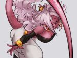  1girl android_21 bare_shoulders black_sclera breasts cleavage colored_sclera colored_skin dragon_ball dragon_ball_fighterz earrings grey_background hair_over_one_eye hoop_earrings jewelry kemachiku long_hair looking_at_viewer majin_android_21 medium_breasts pink_skin red_eyes simple_background smile solo tail white_hair 