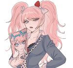  1girl bangs black_bra blue_eyes bow bra breasts bunny_hair_ornament cleavage collarbone commentary_request cosplay danganronpa:_trigger_happy_havoc danganronpa_(series) enoshima_junko enoshima_junko_(cosplay) freckles hair_bow hair_ornament hand_on_hip highres holding ikusaba_mukuro lace-trimmed_bra lace_trim leonham_(ila_55555) long_hair looking_at_viewer magazine medium_breasts necktie pink_hair polka_dot_neckwear red_bow shiny shiny_hair shirt skirt sleeves_rolled_up solo twintails underwear white_bow 