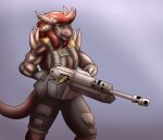  combat_gear dragon female gun holding_object holding_weapon horn hybrid mijak_(thony_dog) muscular muscular_female ranged_weapon solo thony_dog weapon 