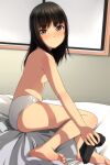  1girl absurdres bangs bare_legs barefoot bed_sheet black_hair blush breasts brown_eyes closed_mouth convenient_arm eyebrows_visible_through_hair from_side highres indoors looking_at_viewer looking_to_the_side matsunaga_kouyou nose_blush original panties small_breasts smile soles solo topless underwear white_panties 