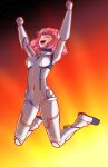  1girl :d absurdres aries_spring arms_up artist_name bodysuit breasts clenched_hand closed_eyes covered_navel full_body gradient gradient_background highres kaije7 kanata_no_astra medium_breasts open_mouth pink_hair smile solo 