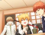  1boy 2girls absurdres black_coat brown_eyes brown_hair closed_eyes coat cup emiya_shirou fate/grand_order fate/stay_night fate_(series) fujimura_taiga fur-trimmed_sleeves fur_trim highres holding holding_cup indoors jaguarman_(fate) multiple_girls ninai open_mouth orange_hair raglan_sleeves short_hair white_coat 