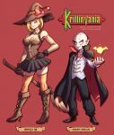  1boy 1girl android_18 arm_warmers bald black_gloves blonde_hair blue_eyes boots bow breasts broom cape castlevania cleavage corset cosplay cross-laced_clothes detached_collar dracula_(castlevania) dracula_(castlevania)_(cosplay) dragon_ball dragon_ball_z earrings fangs gloves hand_on_hip hat hat_bow high_heel_boots high_heels highres jammeryx jewelry knee_boots kuririn logo_parody medium_breasts miniskirt pleated_skirt pointy_ears red_eyes skirt striped striped_legwear thighhighs vest watermark web_address witch_hat 