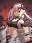 1girl arknights bandages bangs bare_shoulders black_choker breasts chagara choker commentary crop_top highres horns infection_monitor_(arknights) large_breasts long_hair looking_at_viewer midriff mudrock_(arknights) navel off_shoulder parted_lips pointy_ears red_eyes sarashi silver_hair solo sports_bra stomach upper_body 