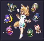  6+girls animal_ear_fluff animal_ears barefoot blonde_hair blue_dress blue_hair blue_headwear cape cat_ears cat_tail chibi chibi_inset chinkyuu_koudai commentary_request dress eighth_note fox_ears fox_shadow_puppet fox_tail geta gold goutokuji_mike green_dress green_eyes green_hair green_headwear hair_between_eyes hairband hat himemushi_momoyo holding holding_pipe holding_shovel holding_test_tube iizunamaru_megumu jumpsuit key koban_(gold) komakusa_sannyo kudamaki_tsukasa kumamoto_(bbtonhk2) lowres multicolored_hair multiple_girls musical_note no_shoes open_mouth pickaxe pipe pixel_art purple_hair rainbow_gradient red_eyes shirt short_sleeves shovel simple_background smile smoke socks spoken_musical_note streaked_hair tail tamatsukuri_misumaru tengu-geta tenkyuu_chimata test_tube tokin_hat touhou unconnected_marketeers white_cape white_jumpsuit white_legwear white_shirt yamashiro_takane yellow_eyes 