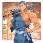  1boy bara bare_pectorals bercouli_(sao) blue_eyes blue_hair blue_kimono collarbone dark_skin dark_skinned_male facial_hair feet_out_of_frame hadanugi_dousa hand_on_hip highres japanese_clothes kimono large_pectorals male_focus mature_male muscular muscular_male open_clothes open_kimono over_shoulder pectorals short_hair sideburns single_bare_shoulder smile solo stubble sword sword_art_online sword_over_shoulder tofu_(tofulabo) weapon weapon_over_shoulder 