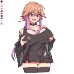  1girl alternate_breast_size ass_visible_through_thighs bangs black_collar black_jacket black_tank_top blush breast_hold breasts cleavage collar collarbone eyebrows_visible_through_hair gradient_hair idolmaster idolmaster_cinderella_girls jacket large_breasts long_hair multicolored_hair ninomiya_asuka off_shoulder orange_hair panties pink_panties purple_eyes purple_hair skindentation solo sweatdrop tank_top thighhighs toriga_naku underwear white_background 