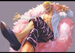  1boy abs blonde_hair donquixote_doflamingo earrings feather_boa foot_out_of_frame jewelry leg_hair male_cleavage male_focus one_piece open_clothes open_shirt pectorals shoes short_hair shorts smile solo sosogi_(qtgejyrkhrng4jk) stomach string string_pull sunglasses toned toned_male 